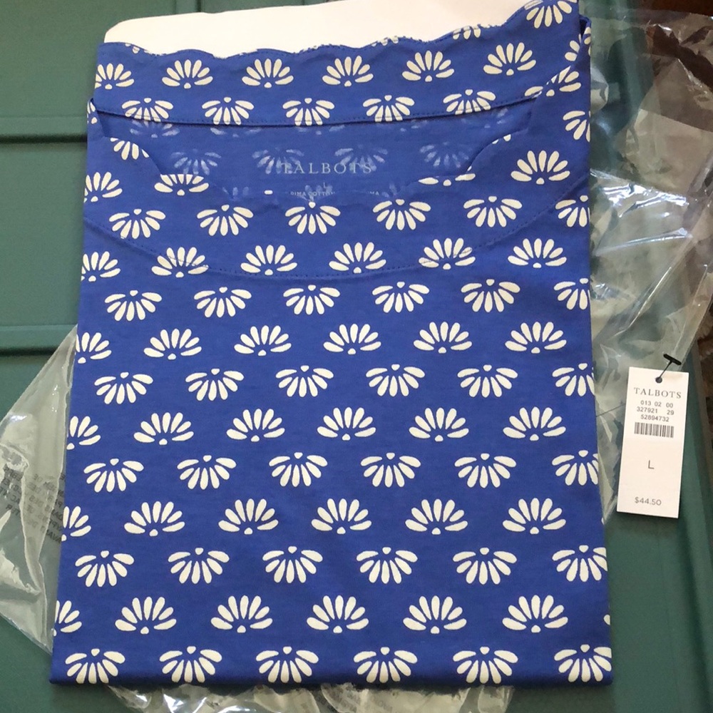 Large Scalloped Edged Short-Sleeve Blouse, Blue & White, Talbots, Brand New